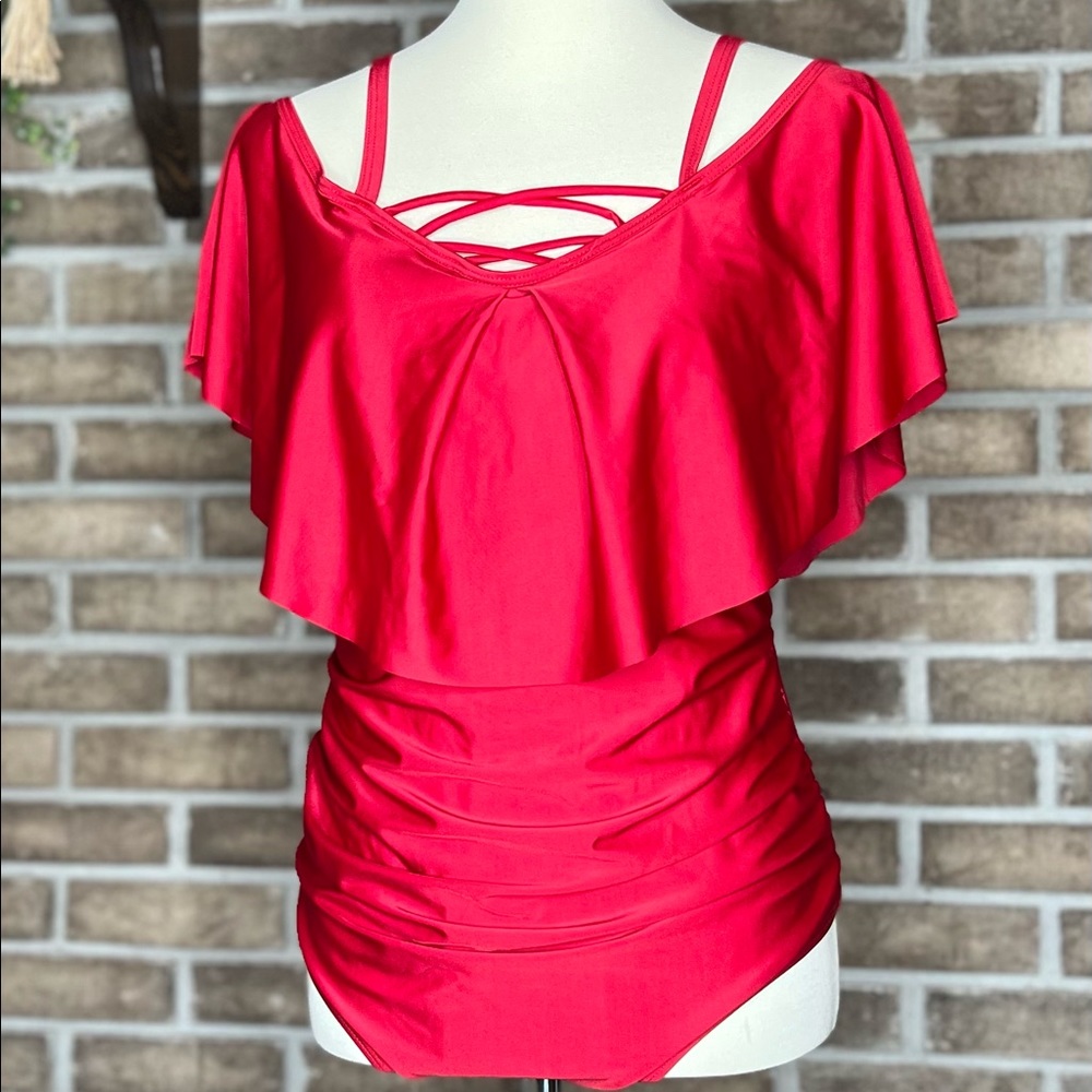 Red One Piece Cold Shoulder Bathing Suit Size 1XL